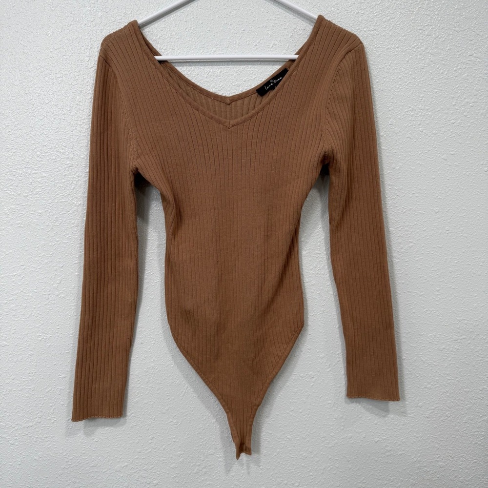 Love Tree Brown Ribbed‎ V Neck Long Sleeve Thong Bodysuit Women Size L